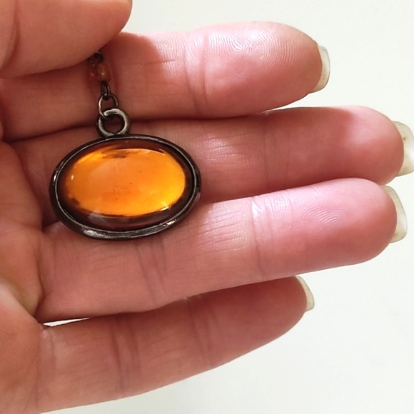 VINTAGE FAUX GLASS AMBER PENDANT BEADED CHAIN Y-SHAPED LARIAT 14-17" NECKLACE - Picture 5 of 9